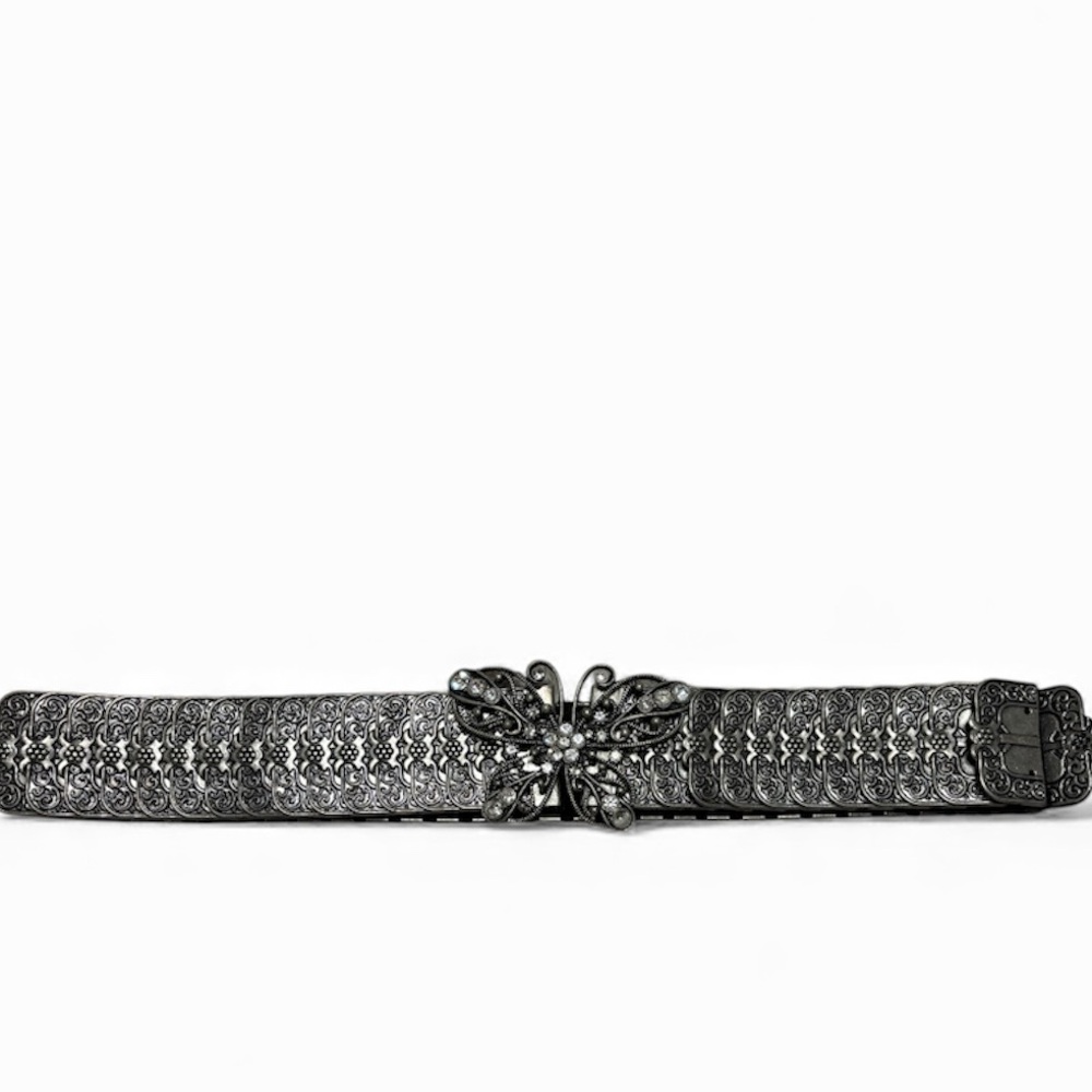 Vintage Gunmetal Stretch Belt w/ Butterfly Filigree Buckle - Picture 2 of 3